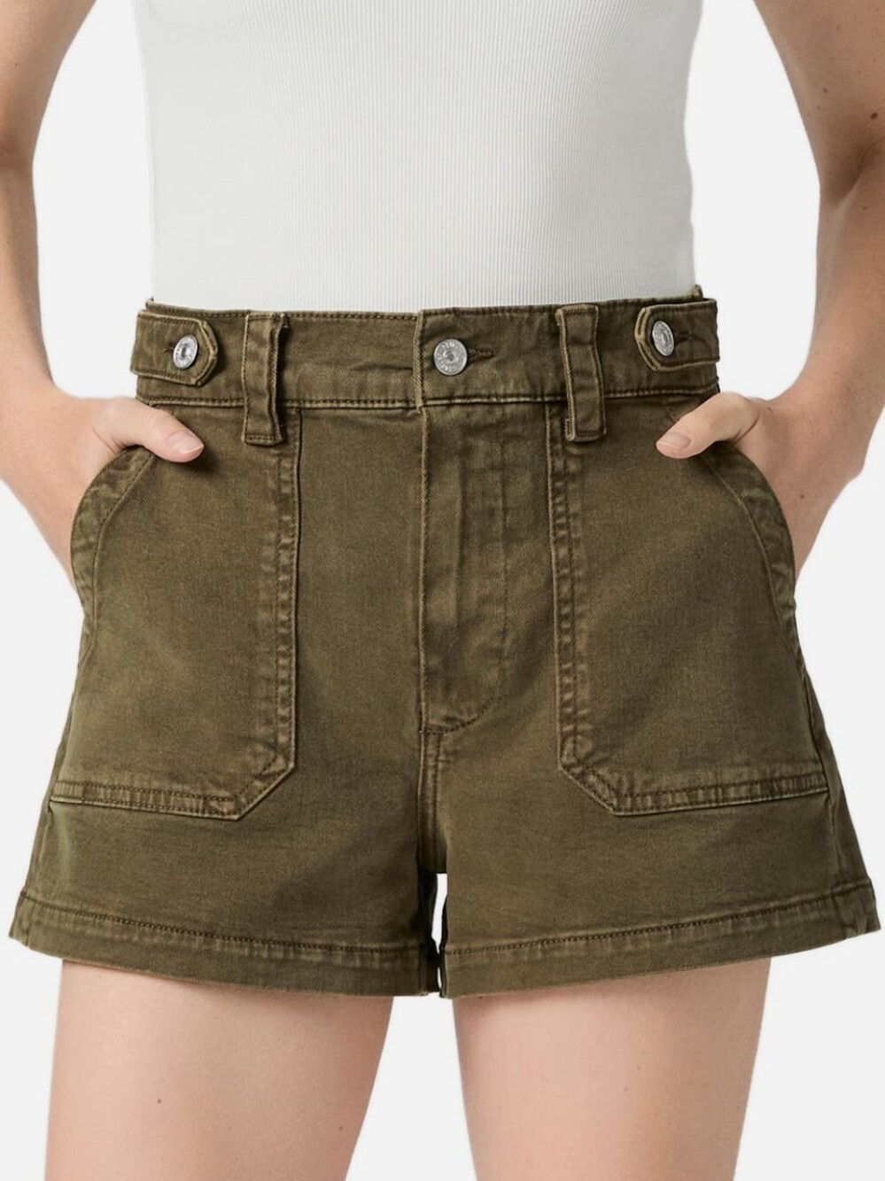 PAIGE Size 23 Anessa Olive Green Button Tab Denim Shorts Msrp $168